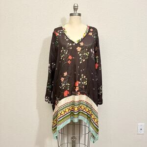 SUNDANCE Tunic Top Multicolor Floral Silk High Low LS Boho Hippie